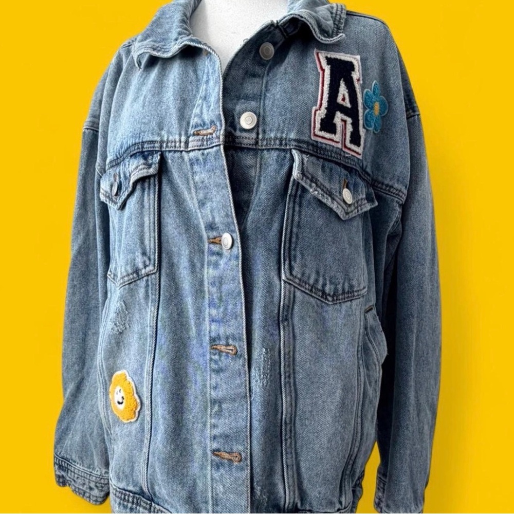 Celebrity Pink Blue Jean Jacket with Patches